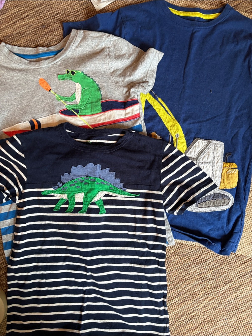 Mini Boden BUNDLE Navy & Gray Stripe Dinosaur Tee with Green Applique